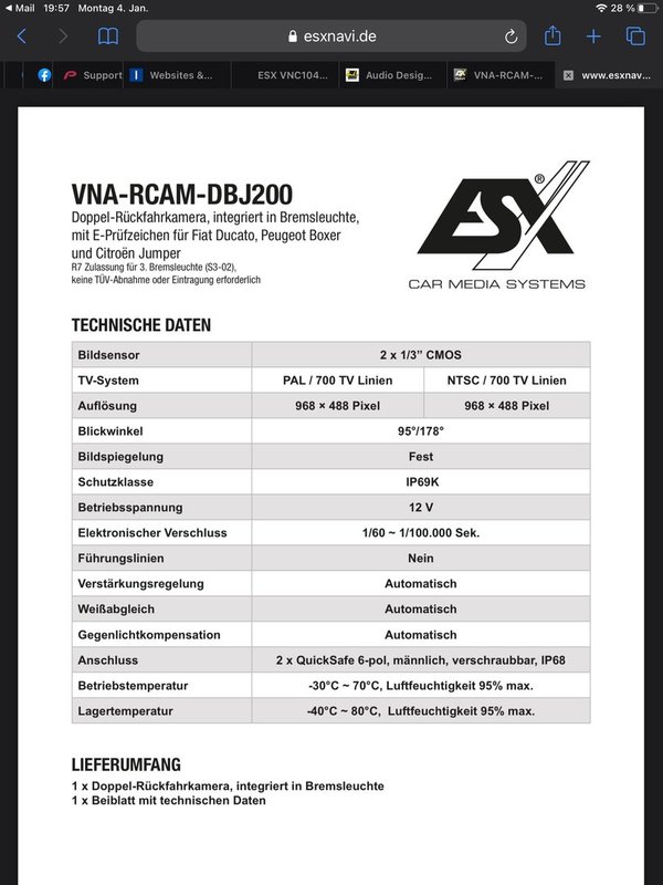 ESX VNA-RCAM-DBJ200, Doppelaugen Rückfahrkamera Fiat Ducato, Citroen...